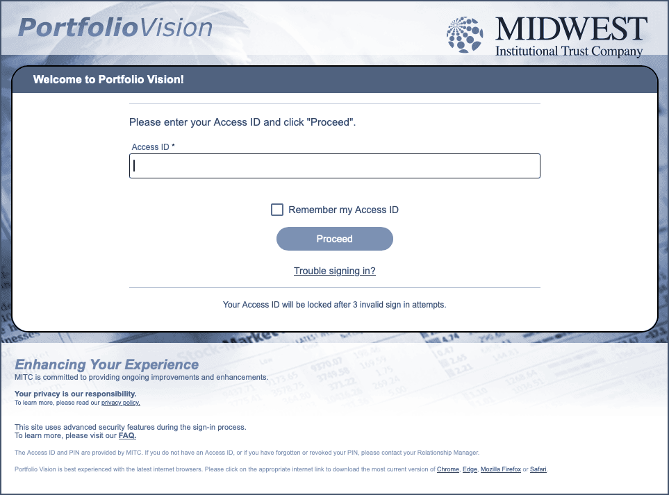 PortfolioVision login screen